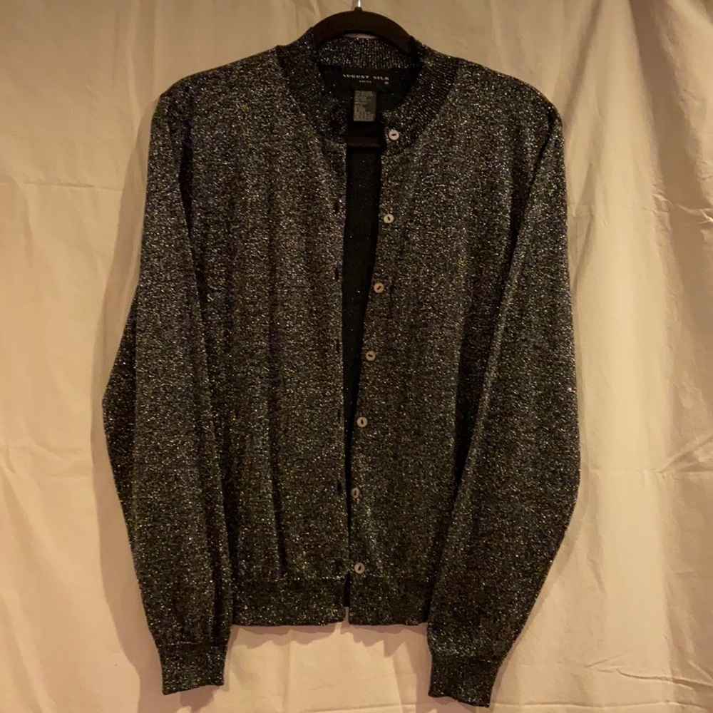 August Silk, black metallic stretch knit silk cardigan sweater